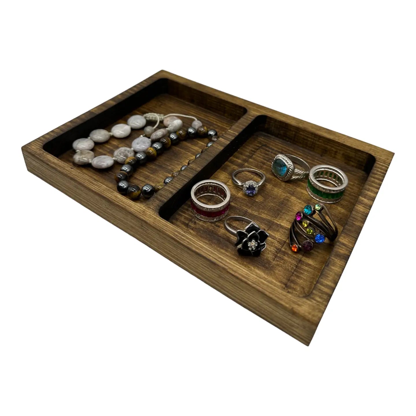 Two-Compartment Wooden Vanity Tray — Catch-All Dish